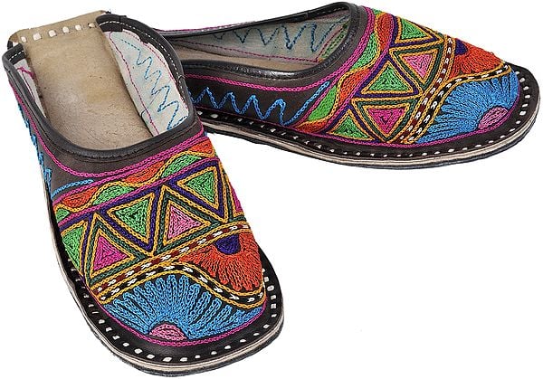 Multi-Color Phulkari Slippers with All-Over Aari Embroidery