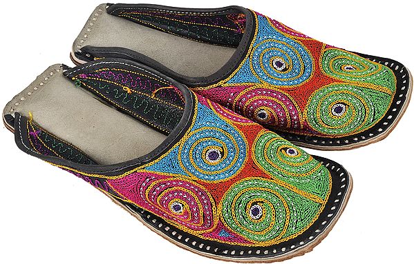 Multi-Color Phulkari Slippers with Embroidered Spirals