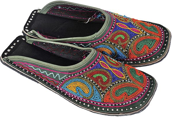 Green Slippers with Multi-Color Aari Embroidery All-Over