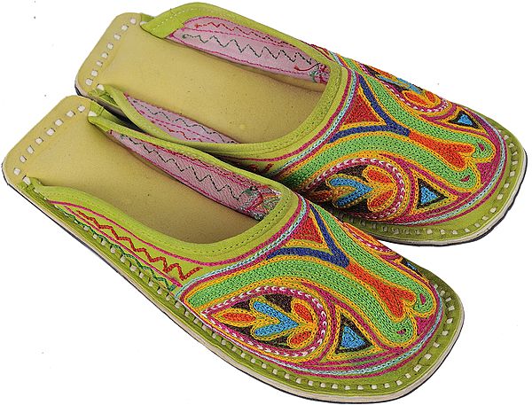 Lime-Green Slippers with All-Over Aari-Embroidery