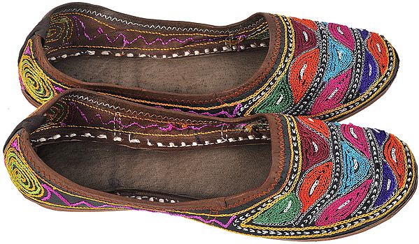 Brown Slippers with Crewel Embroidery in Multi-colored Thread