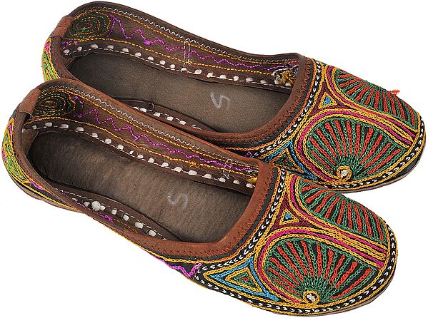 Brown Jootis with Crewel Embroidery All-Over