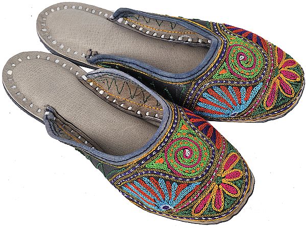 Charcoal-Gray Phulkari Slippers with Multi-Color Embroidery