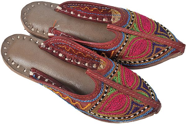 Chutney-Brown Phulkari Slippers for Kids with Aari-Embroidery
