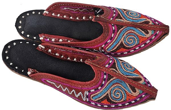 Leather-Brown Slippers for Kids with Multi-Color Aari Embroidery
