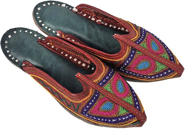 Brown Slippers for Children with Metallic Thread Embroidery