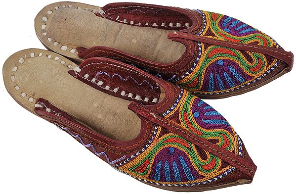 Bisque-Brown Slippers for Kids with Multi-Color Aari Embroidery