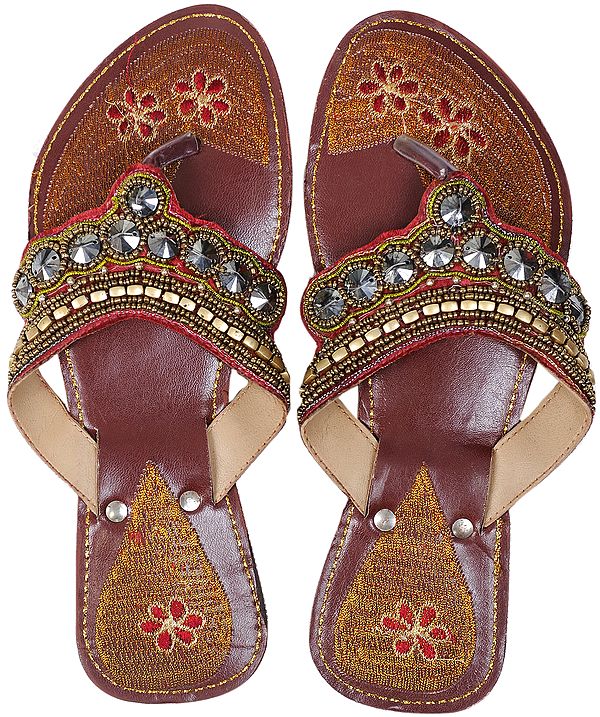 Madder-Brown Fancy Sandals with Floral Embroidery and Beadwork