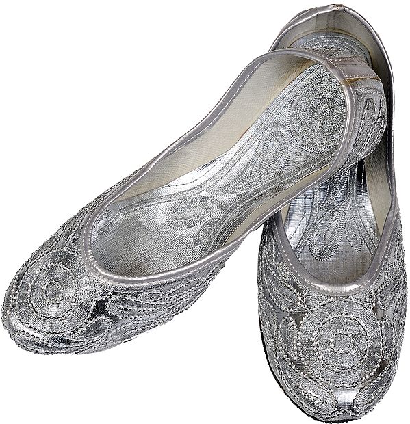 Silver-Color Jootis with Embroidered Paisleys and Sequins