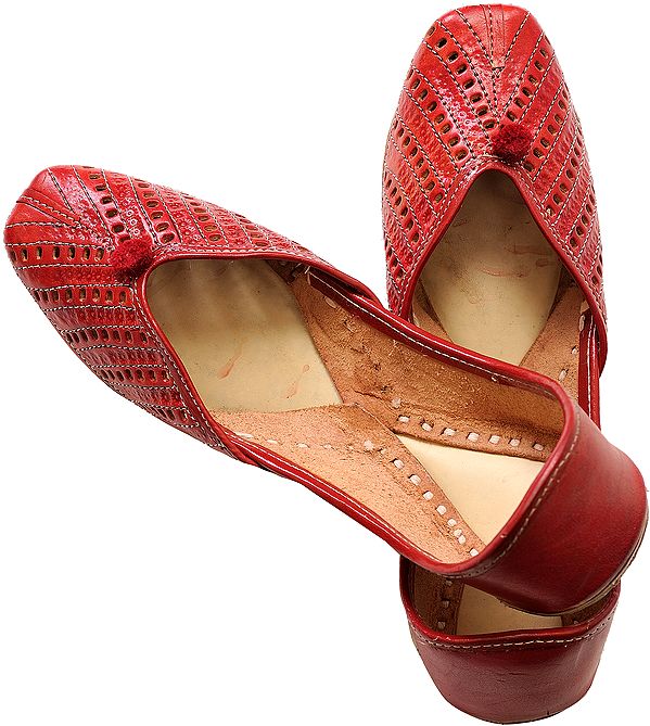 Tango-Red Jooties from Punjab with Silver Threadwork