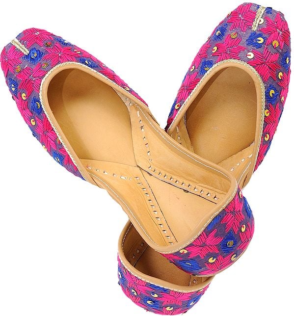 Magenta and Blue Phulkari Jooti with Embroidered Flowers and Sequins