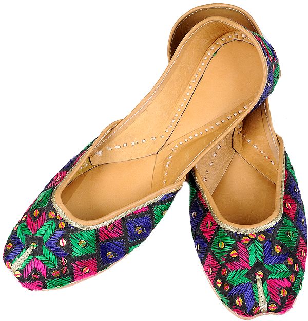 Black Phulkari Jooti from Punjab with Tri-Color Embroidery by Hand