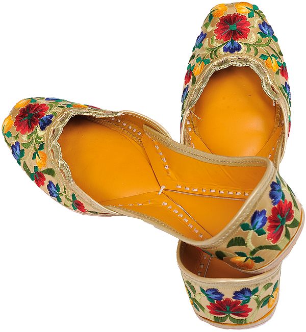 Golden Jootis with Multi-Color Floral Embroidery