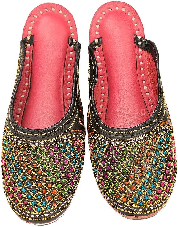 Slippers with Multi-Color Embroidered Jaal