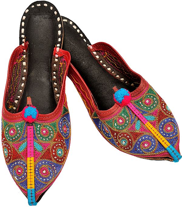 Auburn-Red Slippers with Embroidered Spirals in Multi-Color Thread