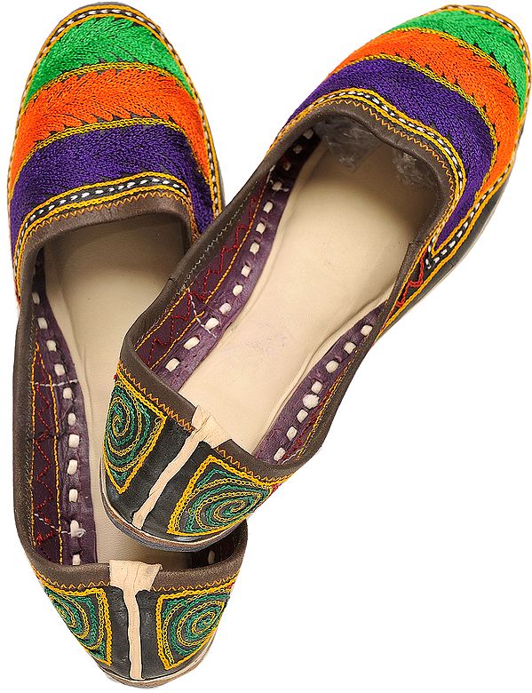 Tri-Color Aari Embroidered Jootis from Punjab