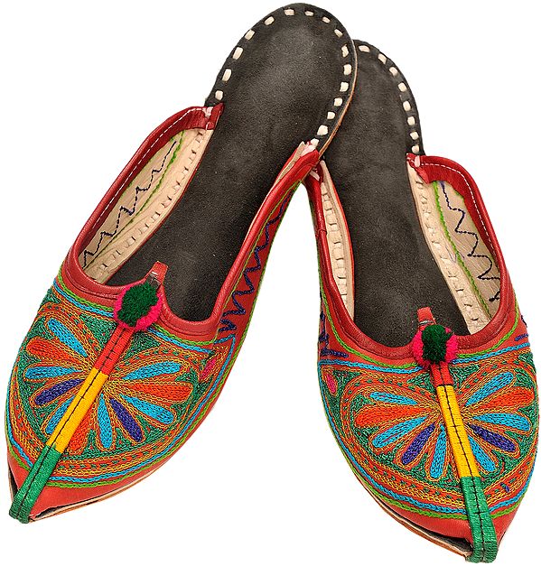 Mineral-Red Slippers with Phulkari Embroidered Flower