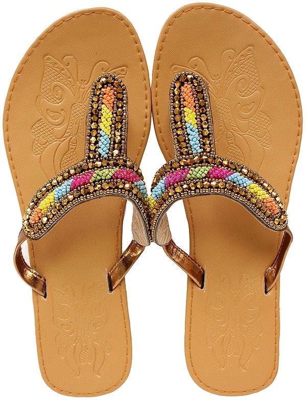 Doe-Colored Slippers with Beaded Straps