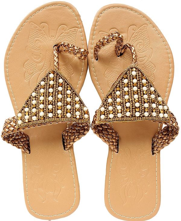 Toasted-Almond Slippers with Embroidered Beads and Faux Pearl