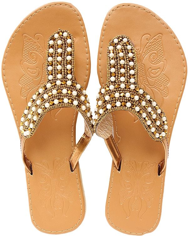 Indian-Tan Slippers with Beads-Embroidered Straps