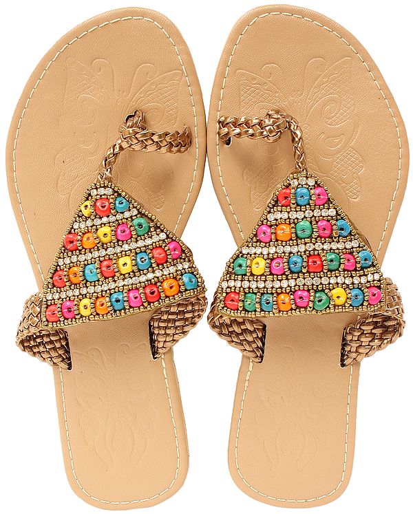 Toasted-Almond Slippers with Bead-work in Multi Color