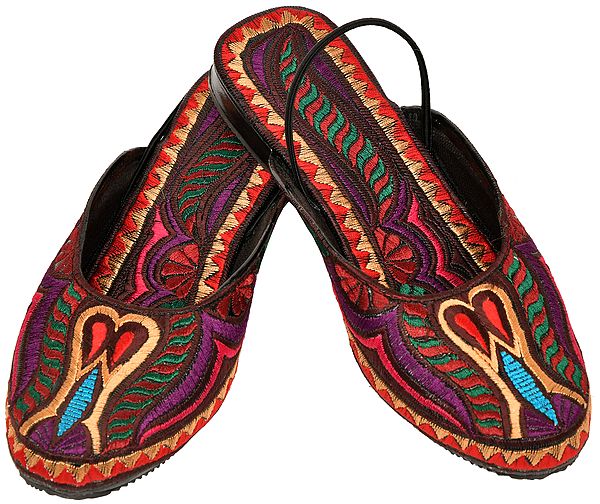 Multicolored Slip-on Sandals with Thread-Embroidery