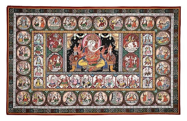 47" x 29" Lord Ganesha Lila Patachitra Painting | Handmade | Traditional Color | Shri Ganesh Leela Patachitra Paintings | Made in India