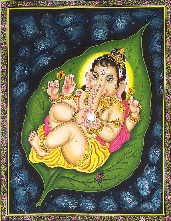 Baby Ganesha Lying on a Pipal leaf Floating in the Cosmic Ocean