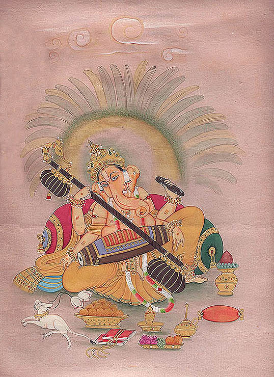 Ganesha The Musician Playing Three Instruments Simultaneously - Cymbals, Mridangam and Vina
