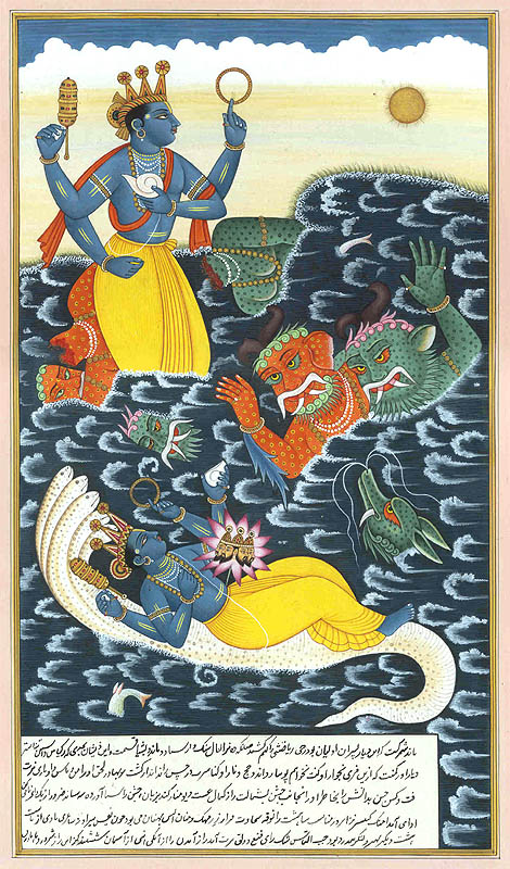 Lord Vishnu in the Form of Sattvaguna Conquers Rajoguna and Tamoguna