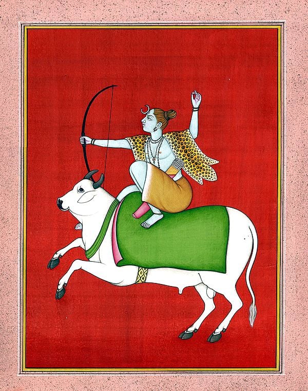 A Unique Painting Depicting Lord Shiva as an Archer Seated Astride Nandi