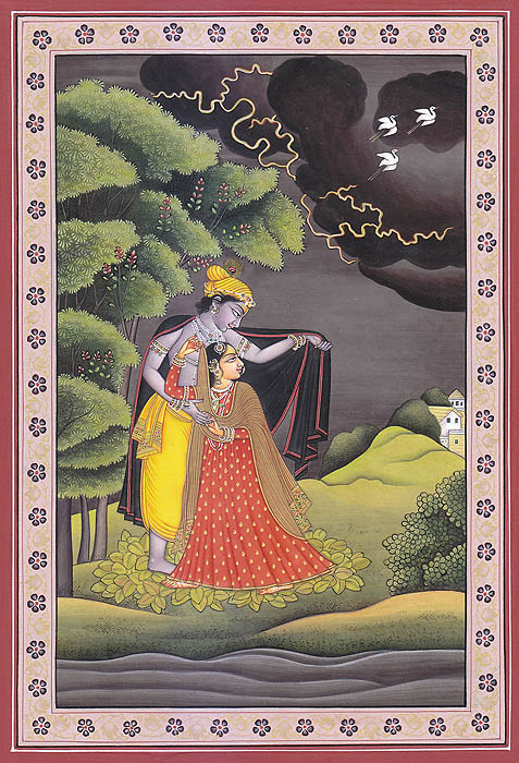 Krishna Protects Radha from the Tyrbulent Rains