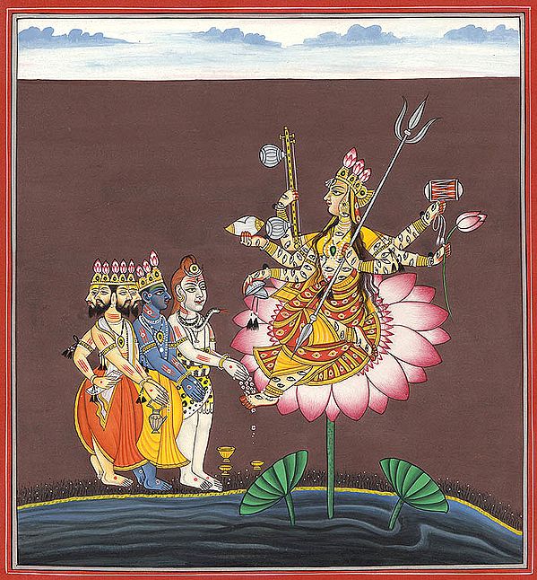 Goddess Indrakshi on a Lotus Venerated by Trinity
