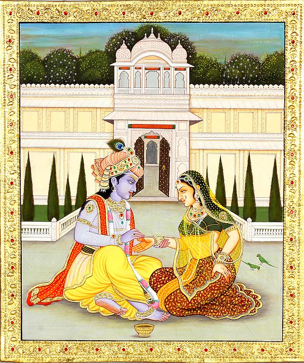 Krishna Painting the Hands of Radha (Embossed With 24 Karat Gold)