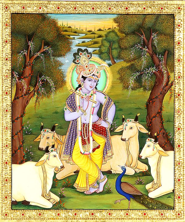 Shri Krishna - The Divine Cowherd (Embossed With 24 Karat Gold)