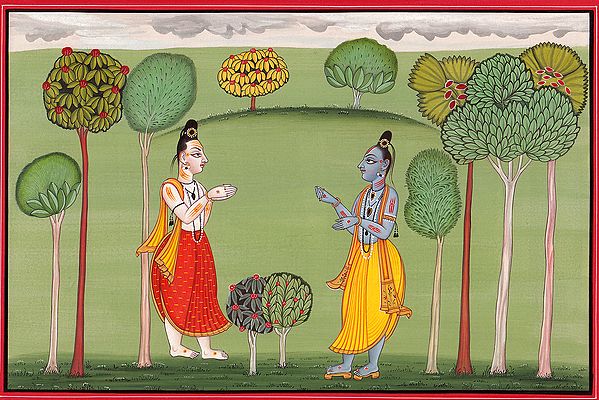 A Shaivite Saint Approaching Lord Krishna in a Grove (Basholi School)