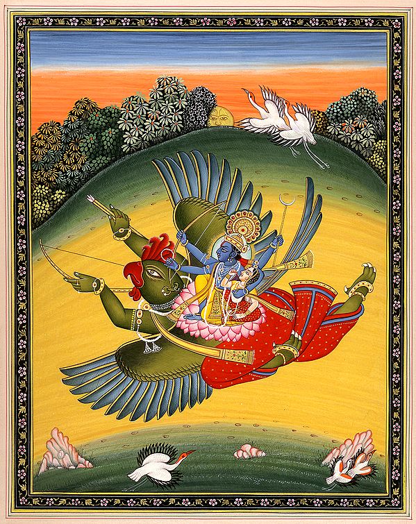 Vishnu with Lakshmi on His Mount the Great Bird Garuda