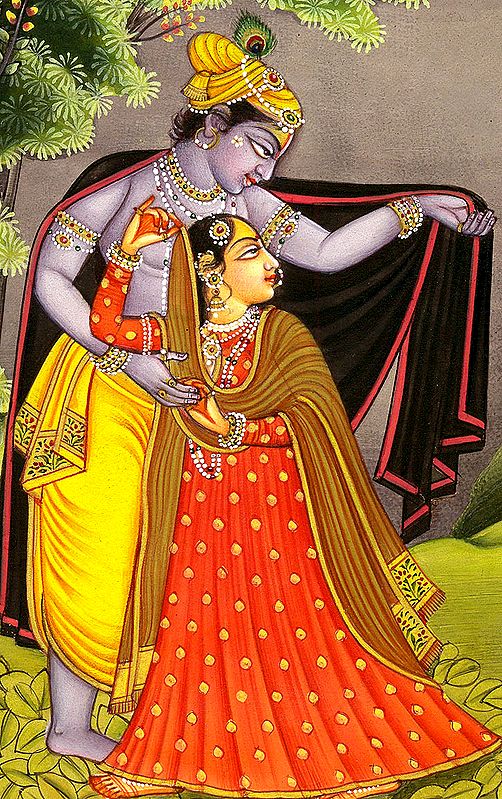 Krishna Protects Radha from the Thunderstorm | Exotic India Art