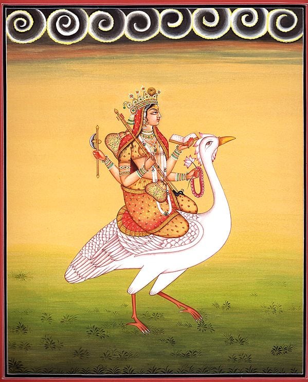 Goddess Saraswati on Her Mount Swan