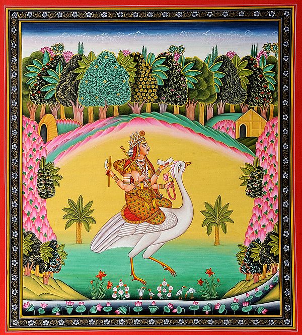 Goddess Saraswati Wearing Sari Seated on Swan