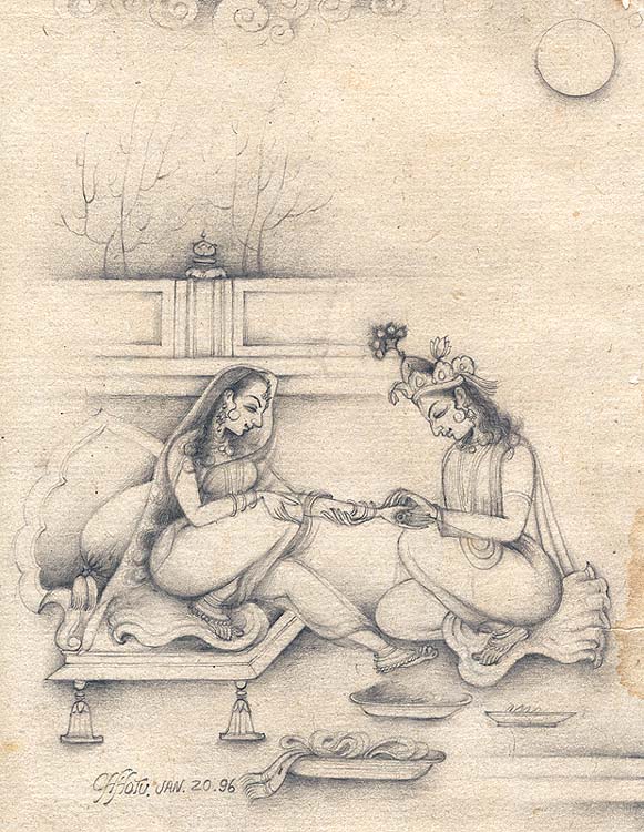Krishna Adorning Radha with Bangles