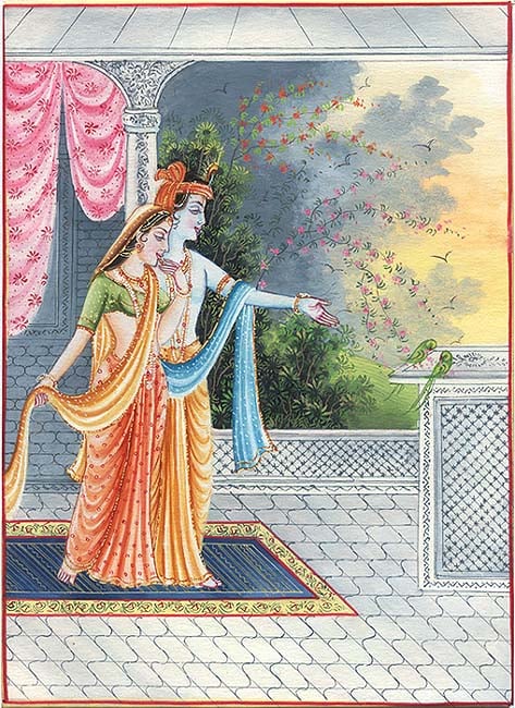 Krishna and Radha Look at a Parrot Couple (A Balanced Composition)