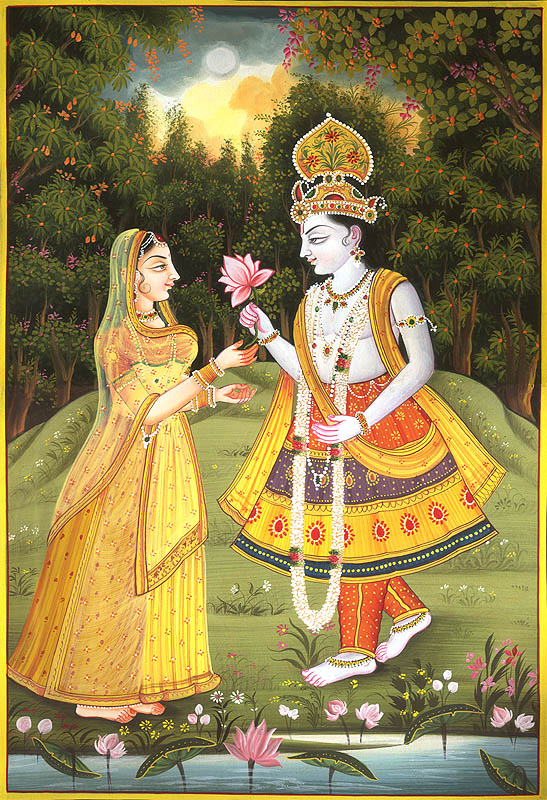 Krishna Offers Radha an Auspicious Lotus Signifying the Purity of Their Mutual Affection