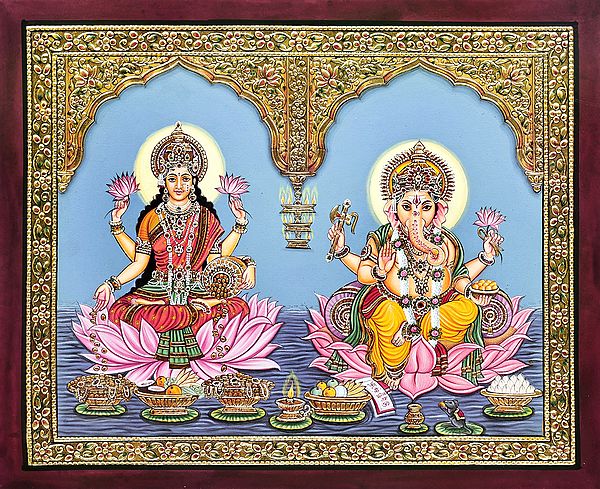 The Supreme Duo of Ganesha and Lakshmi in a Gold Temple Frame