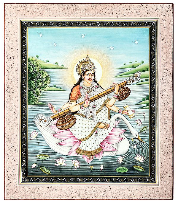 Devi Sarasvati Seated On A Lotus On The Back Of The Swan