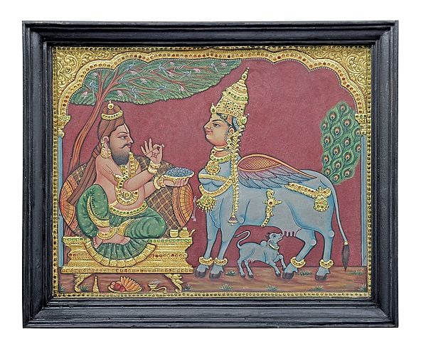 Sage Vashishtha Eating the Food of Kamdhenu Tanjore Painting | Traditional Colors With 24K Gold | Teakwood Frame | Gold & Wood | Handmade | Made In India