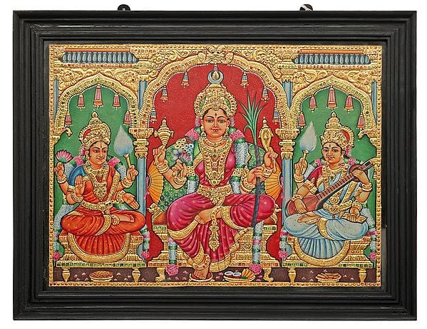 Goddess Rajarajeshwari, Lakshmi and Saraswati In All Their Finery Tanjore Painting | Traditional Colors With 24K Gold | Teakwood Frame | Gold & Wood | Handmade | Made In India