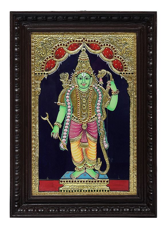 Bhagawan Rama Tanjore Painting | Traditional Colors With 24K Gold | Teakwood Frame | Gold & Wood | Handmade | Made In India