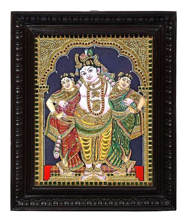 Krishna with his Queens Tanjore Painting | Traditional Colors With 24K Gold | Teakwood Frame | Gold & Wood | Handmade | Made In India