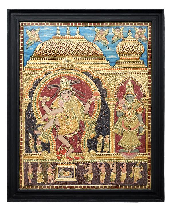 Large Dancing Shiva with Devi Parvati Tanjore Painting | Traditional Colors With 24K Gold | Teakwood Frame | Gold & Wood | Handmade | Made In India